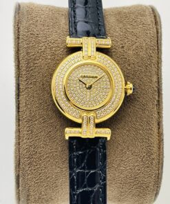 Swiss Cartier Replica Black Leather strap 24MM Diamonds Dial Ladies