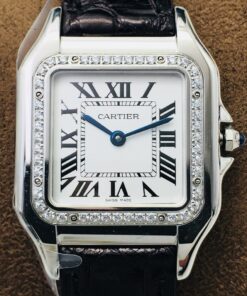 Swiss Cartier Replica Black Leather strap 27MM Diamonds White Dial Stainless steel Case