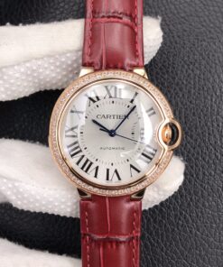 Swiss Cartier Ballon Bleu Replica Red Leather strap 36MM Rose Gold Case Silver Dial