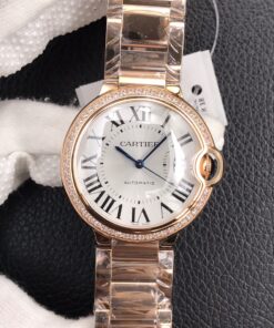 Swiss Cartier Ballon Bleu Replica Rose Gold strap 36MM Rose Gold Case Silver Dial