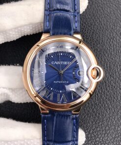 Swiss Cartier Ballon Bleu Replica Blue Leather strap 42MM Rose Gold Case Blue Dial