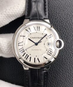 Swiss Cartier Ballon Bleu Replica Black Leather strap 42MM White Dial