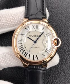 Swiss Cartier Ballon Bleu Replica Black Leather strap 42MM Silver Dial