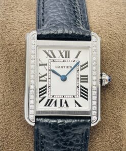 Swiss Cartier Replica Black Leather strap 31MM Stainless steel and Diamonds Case Roman numerals
