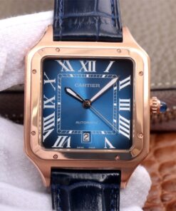 Swiss Cartier Santos Replica Black Leather strap 52x39.5MM Blue Dial Rose Gold Case