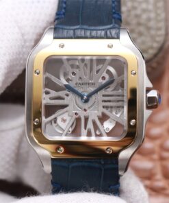Swiss Cartier Santos Replica Blue Leather strap 39.8MM Yellow Gold