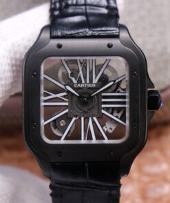 Swiss Cartier Santos Replica Black Leather strap 39.8MM Black Stainless steel