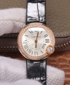 Swiss Cartier Ballon Bleu Replica Black Leather strap 30MM Rose Gold and Diamonds Case