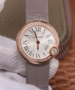 Swiss Cartier Ballon Bleu Replica Grey Leather strap 30MM Rose Gold and Diamonds Case